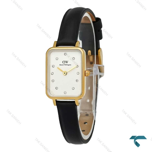 ساعت DW زنانه مستطیلی طلایی بندچرم صفحه سفید نگین دار DW-8026-L