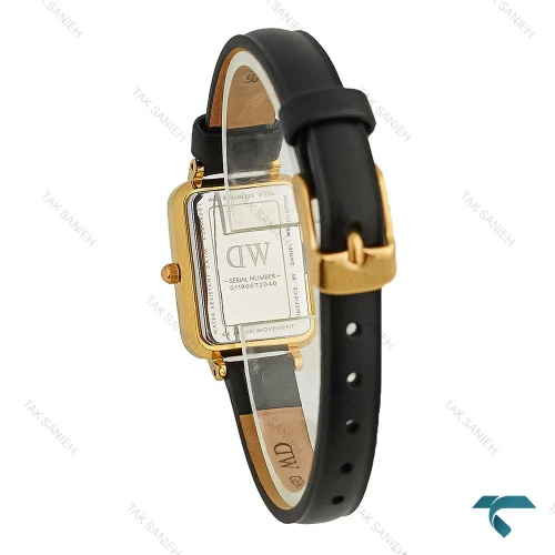 ساعت DW زنانه مستطیلی طلایی بندچرم صفحه سفید نگین دار DW-8026-L