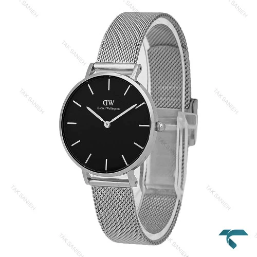 ساعت DW زنانه بند حصیری سیلور صفحه مشکی مدیوم DW-8029-L