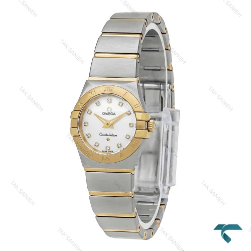 ساعت زنانه امگا دورنگ طلایی صفحه سفید نگینی اسمال Omega-7272-L