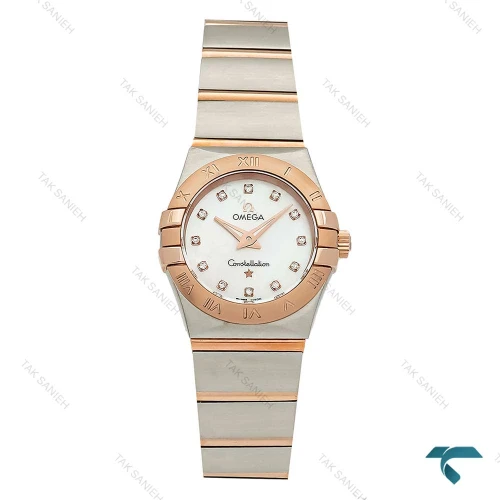 ساعت زنانه امگا دورنگ رزگلد صفحه سفید نگینی اسمال Omega-7275-L