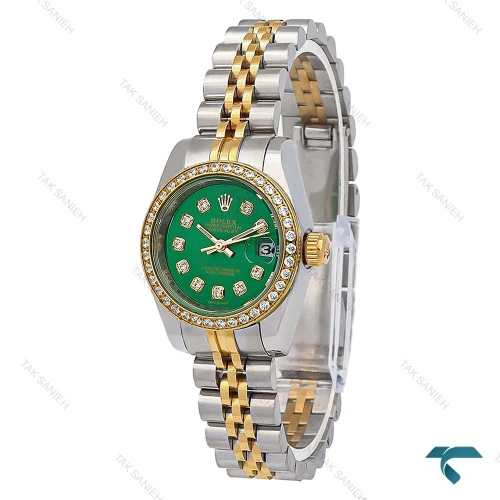ساعت رولکس زنانه دورنگ طلایی صفحه سبز دورنگین اسمال Rolex-8252-L