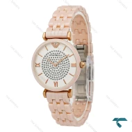 ساعت امپریو آرمانی زنانه سرامیکی صورتی صفحه نگینی Armani-8570-L