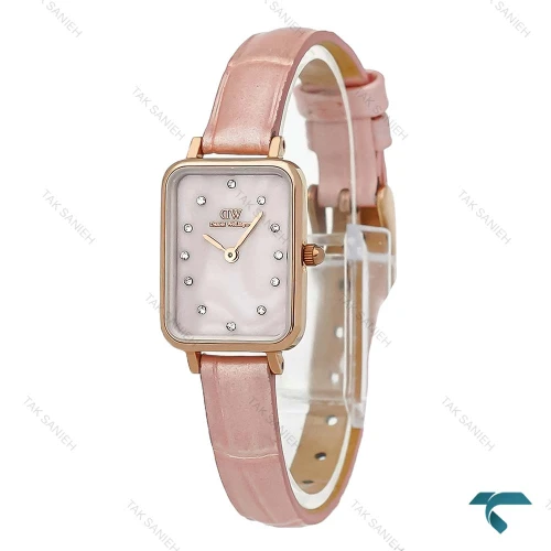 ساعت دنیل ولینگتون مستطیلی زنانه صورتی بند چرم DW-8612-L