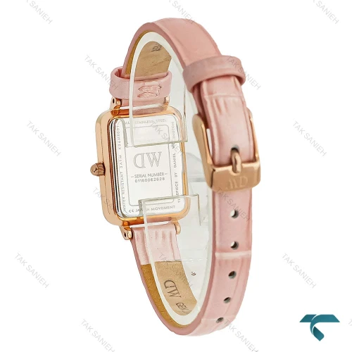 ساعت دنیل ولینگتون مستطیلی زنانه صورتی بند چرم DW-8612-L