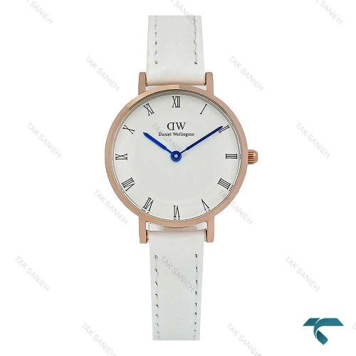ساعت دنیل ولینگتون زنانه بند چرم سفید رزگلد ایندکس یونانی DW-8619-L