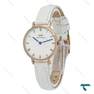 ساعت دنیل ولینگتون زنانه بند چرم سفید رزگلد ایندکس یونانی DW-8619-L