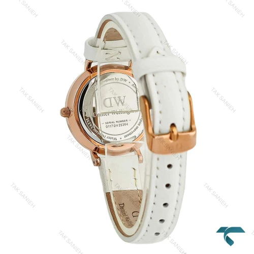 ساعت دنیل ولینگتون زنانه بند چرم سفید رزگلد ایندکس یونانی DW-8619-L