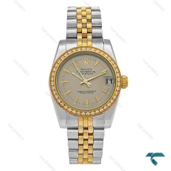 ساعت رولکس دیت جاست زنانه دورنگ طلایی صفحه طوسی دورنگین Rolex-8648-L