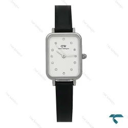 ساعت زنانه DW مستطیلی نقره ای بند چرم صفحه سفید نگین دار DW-8380-L