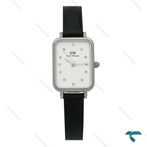 ساعت زنانه DW مستطیلی نقره ای بند چرم صفحه سفید نگین دار DW-8380-L