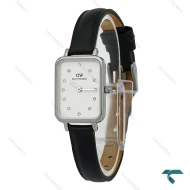 ساعت زنانه DW مستطیلی نقره ای بند چرم صفحه سفید نگین دار DW-8380-L
