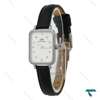 ساعت زنانه DW مستطیلی نقره ای بند چرم صفحه سفید نگین دار DW-8380-L