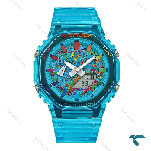 ساعت جیشاک GA2100 مردانه آبی شیشه ای صفحه آبرنگ GShock-8382-G