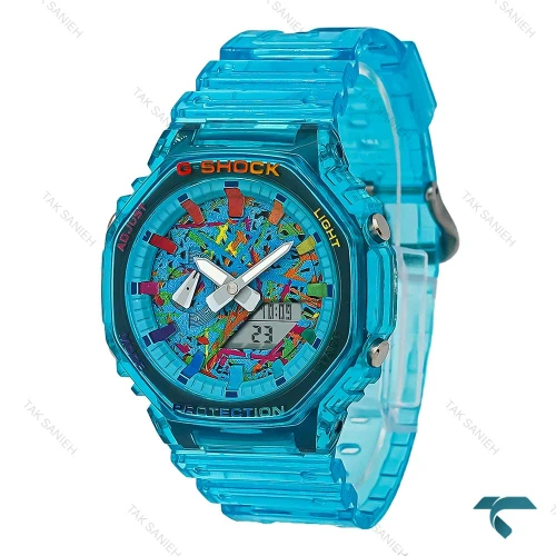ساعت جیشاک GA2100 مردانه آبی شیشه ای صفحه آبرنگ GShock-8382-G