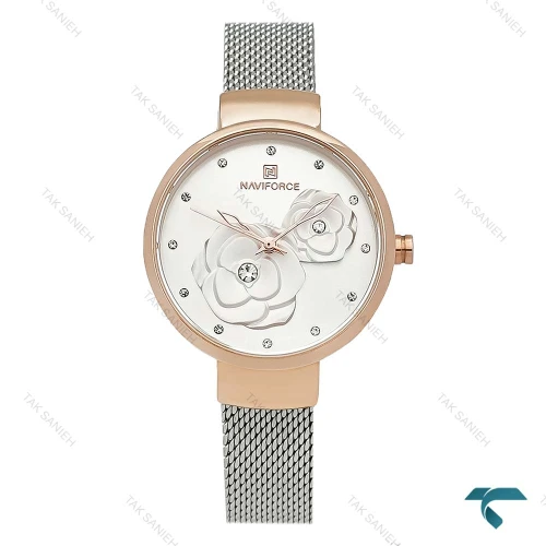 ساعت زنانه نیوی فورس NF5013 طرح گل رزگلد نقره ای NaviForce-8405-L