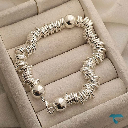 دستبند زنانه تمام نقره ای گوی وحلقه  Bracelet-8476-L