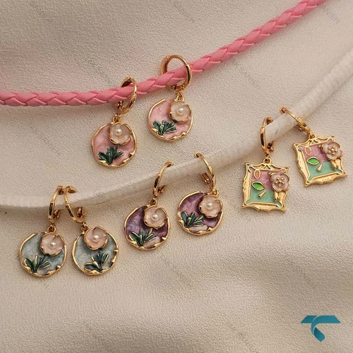 گوشواره رزینی گل و مروارید Ghoshvareh-8562-L