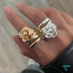 انگشتر طرح گل طلایی و نقره ایی Ring-8676-L