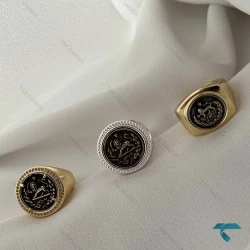 انگشتر طرح سکه ایی طلایی و نقره ایی مشکی گرد Ring-8687-L 