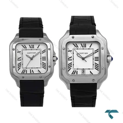 ساعت ست کارتیه Santos De Cartier سیلور بند چرم مشکی Cartier-7305-S