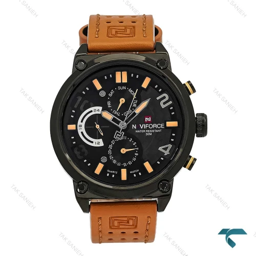 ساعت مردانه نیوی فورس NF9068 مشکی بندچرم عسلی NaviForce-7333-G