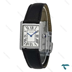 ساعت زنانه کارتیه تانک سیلور دورنگین بند چرم مشکی Cartier-7424-L