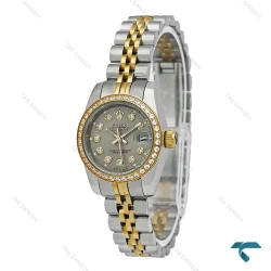 ساعت رولکس زنانه دورنگ طلایی دورنگین صفحه طوسی اسمال Rolex-7504-L