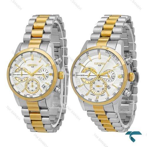 ست ساعت سیکو VIP سه موتوره کورنوگراف دورنگ طلایی Seiko-8736-S