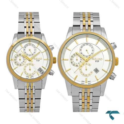 ساعت ست سیکو سه موتوره کرنوگراف دورنگ طلایی صفحه سفید Seiko-8737-S