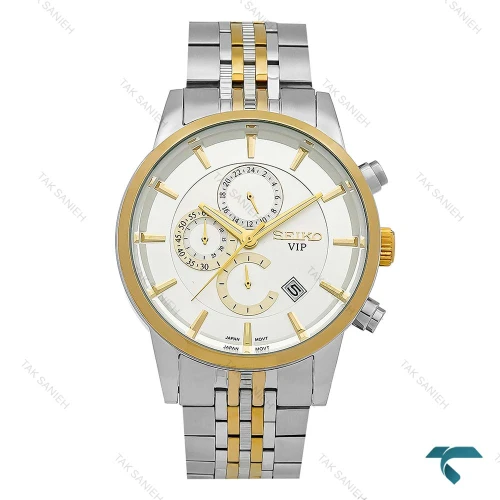 ساعت مچی سیکو مردانه سه موتوره دورنگ طلایی صفحه سفید Seiko-8743-G