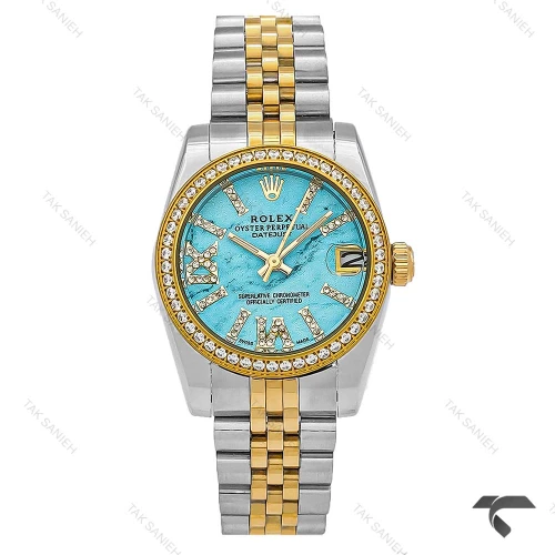 ساعت رولکس زنانه دورنگ طلایی پررنگین صفحه فیروزه ای Rolex-9859-L