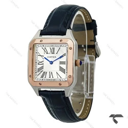 ساعت کارتیر سانتوس دومونت زنانه دورنگ رزگلد بند سرمه ای متوسط Cartier-10612-G