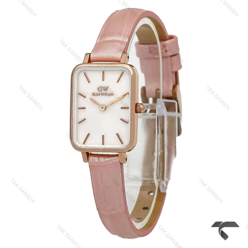 ساعت دنیل ولینگتون مستطیلی زنانه رزگلد بند چرم صورتی DW-10616-L