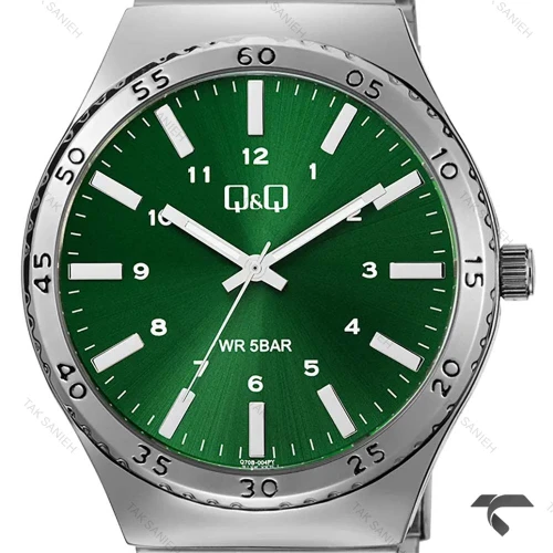 ساعت مچی مردانه کیو اند کیو Q70B-004PY قاب گرد بند فلزی صفحه سبز QQ-10538-G