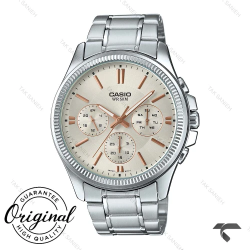 ساعت کاسیو مردانه MTP-1375D-7A2V سه موتوره ایندکس رزگلد Casio-10372-G