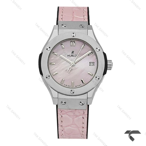 ساعت هابلوت مینی زنانه استیل بند چرم طرح دار صورتی Hublot-10635-L