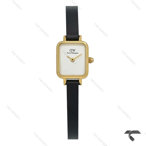 ساعت دنیل ولینگتون مینی کوادرو طلایی صفحه سفید مهندسی بند چرم DW-10706-L