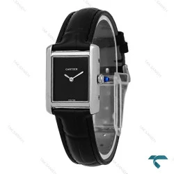 ساعت کارتیه تانک زنانه بند چرم مشکی قاب سیلور صفحه مهندسی Cartier-8753-L