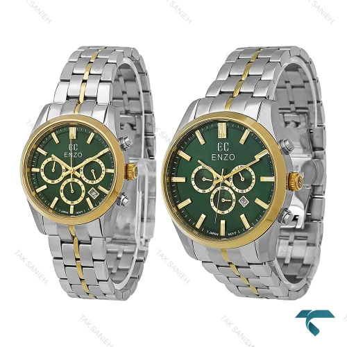 ست ساعت اورجینال انزو EC-3122 سه موتوره دورنگ طلایی صفحه سبز Enzo-8777-S