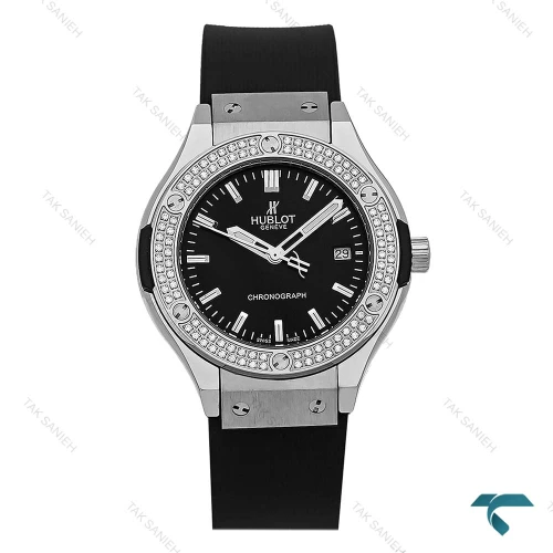 ساعت هابلوت زنانه مشکی قاب سیلور دو ردیف نگین Hublot-8804-L
