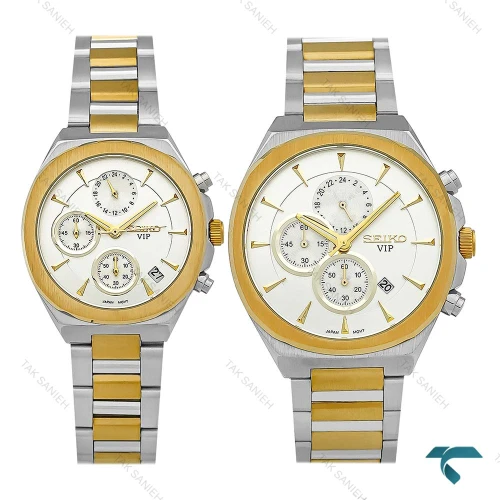 ست ساعت سیکو Vip سه موتوره دورنگ طلایی صفحه سفید Seiko-8817-S