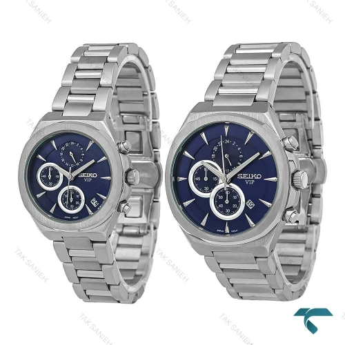 ساعت ست سیکو VIP سه موتوره استیل صفحه سرمه ای Seiko-8819-S