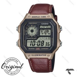 ساعت کاسیو AE-1200WH-5AV مردانه جهان نما بند چرم قهوه ای Casio-10782-G