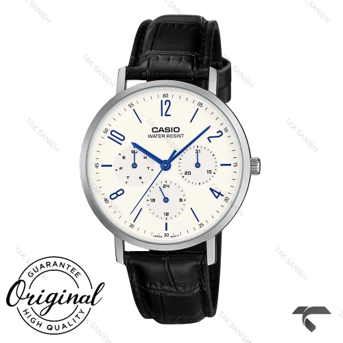 ساعت مردانه کاسیو MTP-VT06L-7B سه موتوره مشکی صفحه سفید بند چرم Casio-10793-G