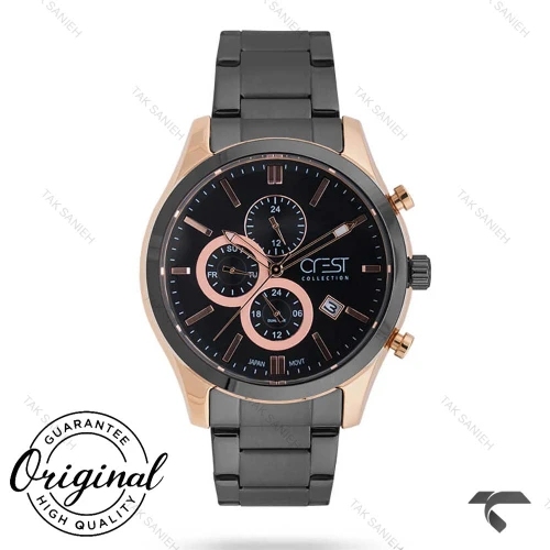 ساعت کرست مردانه 6218-2 سه موتوره فول دیت مشکی رزگلد Crest-10806-G