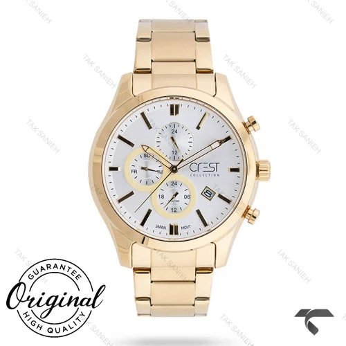 ساعت مچی مردانه کرست 6218-3 فول دیت طلایی صفحه سفید Crest-10807-G