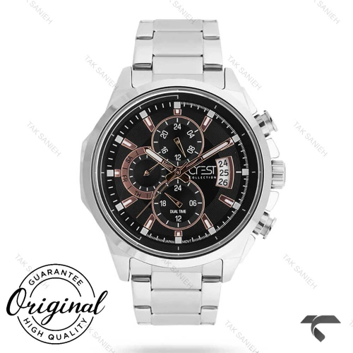 ساعت کرست مردانه 6219-4 فول دیت سیلور صفحه مشکی Crest-10809-G