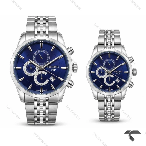 ست ساعت سیکو سه موتوره استیل صفحه سرمه ای Seiko-11432-S