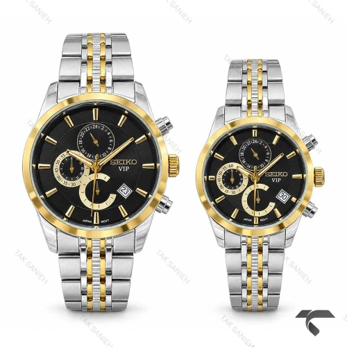ساعت سیکو ست کرنوگراف دورنگ طلایی صفحه مشکی Seiko-11433-S